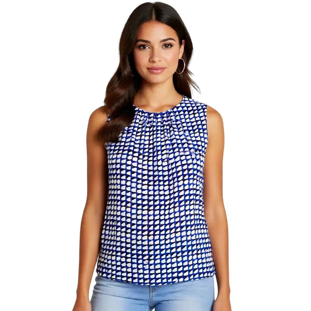 Calvin Klein Blue White Geometric Dot Pleated Neck Sleeveless Shell‎ Top Md